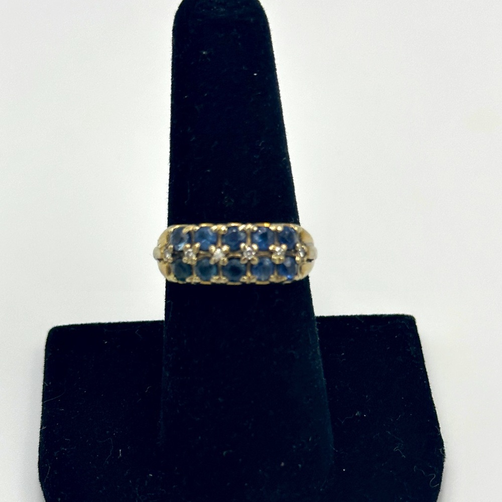 SOLD! 14k Yellow Gold Ring with 2 Rows of 5 Sapphires each & 6 Natural Diamonds - Picture 5 of 7